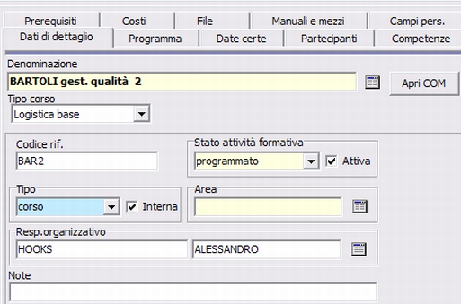 Modulo formazione risorse umane H1 Hrms - dettaglio dell'anagrafica delle attività formative