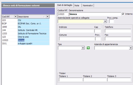 Modulo formazione risorse umane H1 Hrms - Dettaglio dell'anagrafica degli enti di formazione accreditati all'interno del sistema